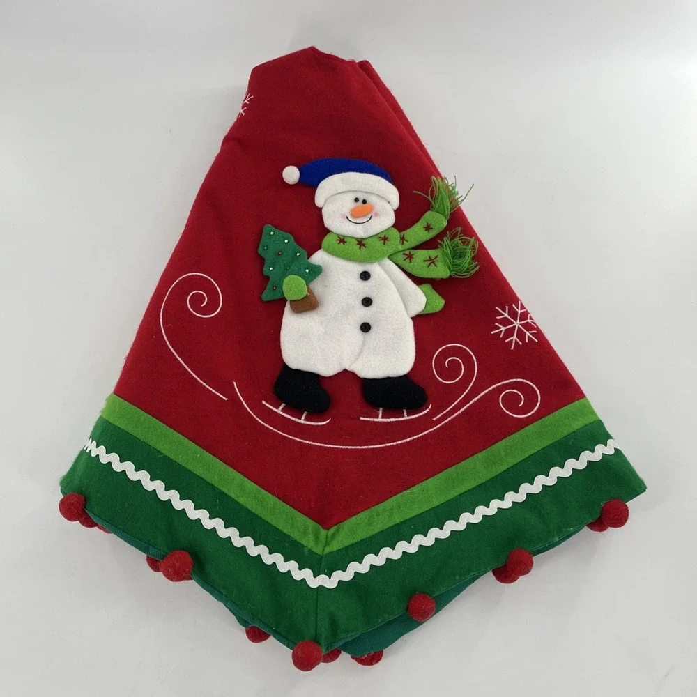 Vintage Felt Christmas Tree Skirt Table‎ Cover 3D Snowman Pom Embroider Applique